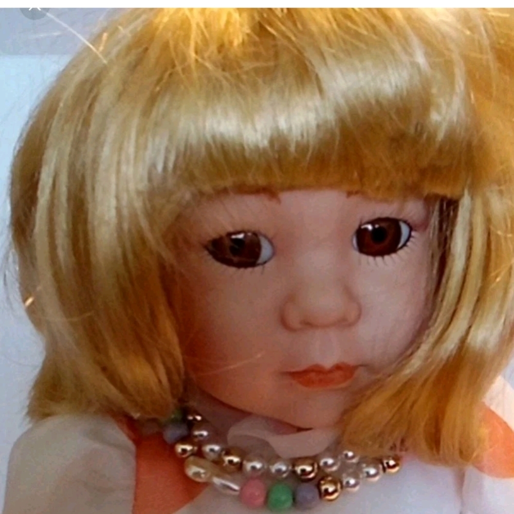MARIAN YU PORCELAIN DOLL 15" LENGTH Polka Dot Dress Doll with Blonde Hair - Picture 7 of 9